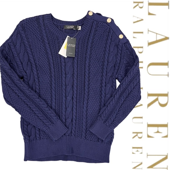 NWT $155 Lauren Woman Aran-Knit Cotton Navy Blue - Picture 1 of 11
